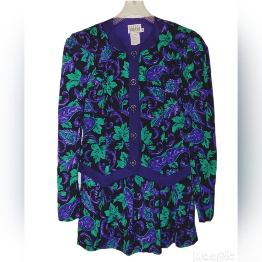 Leslie Fay Sz 10 Purple Paisley Park Skirt Quilted Jacket Vintage Set 90s Retro